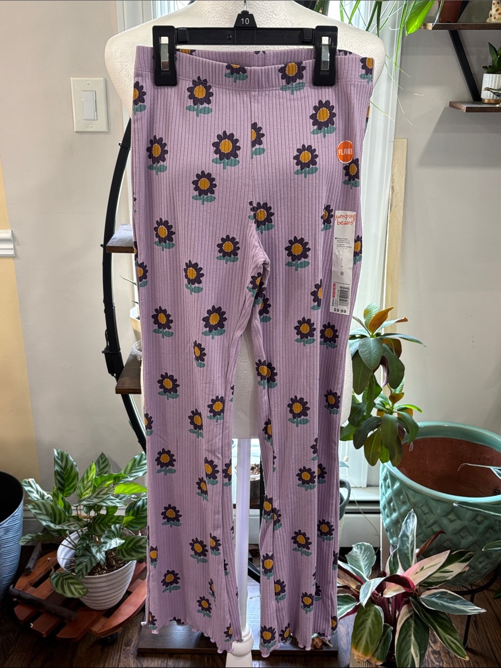 Jumping beans girls Lilac Floral Ribbed Flare Pants size 8
